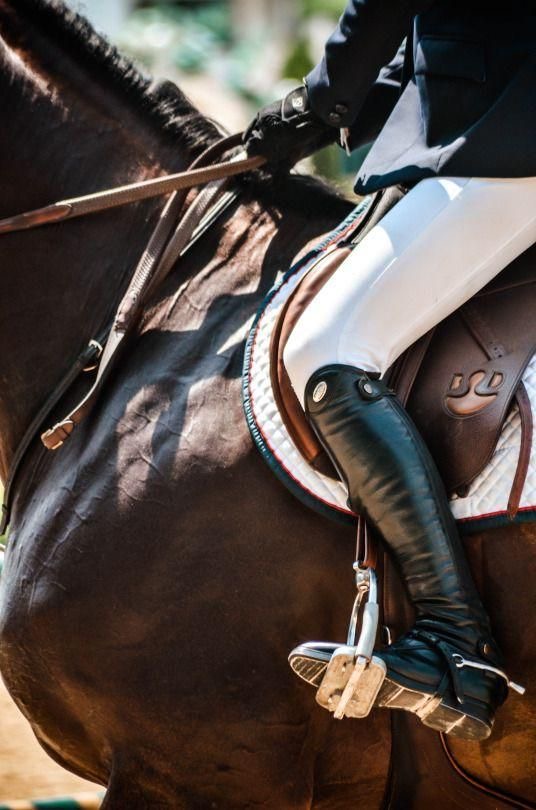 Detail of a rider's tall black boot in the stirrup against a dark horse